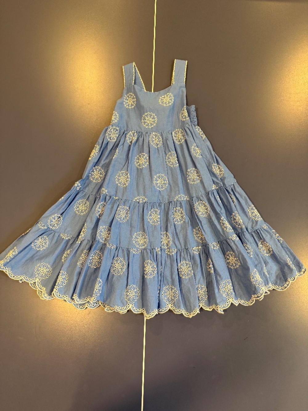 Size 3-4 Mini Boden Blue Tiered Eyelet Dress.